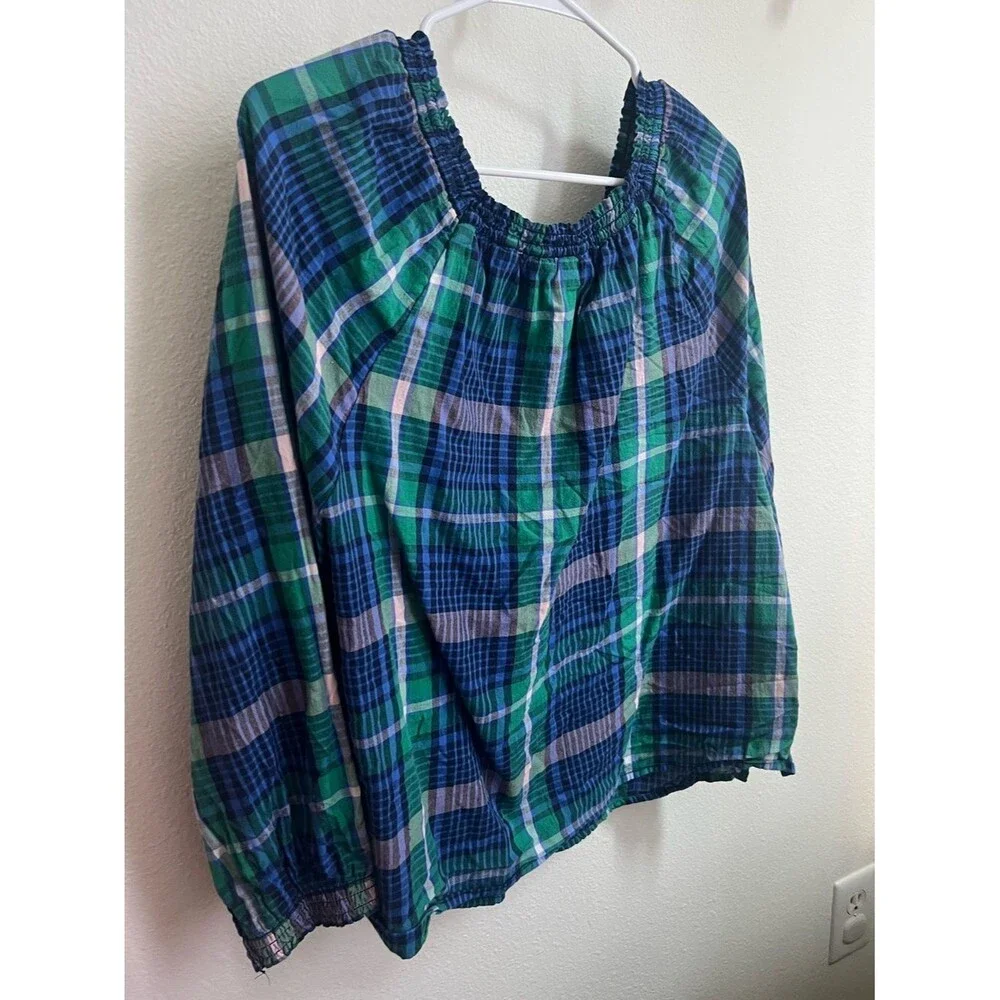 Old Navy Blue and Green Plaid Smocked-Neck Blouse